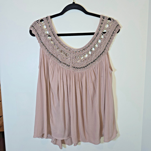 Free People Feel Free Top Taupe M Boho Festival Flowy Rayon Crochet - Picture 4 of 7
